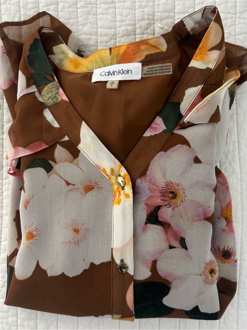 Calvin Klein Brown Floral Button-Down Top with Pink & Cream Blooms small